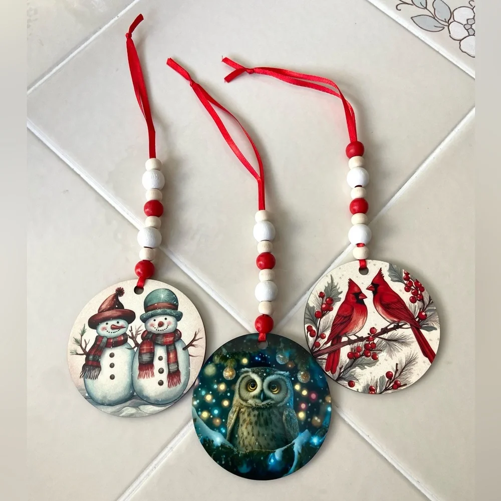 Handmade Festive Christmas Ornaments with Red Accents Double Sided